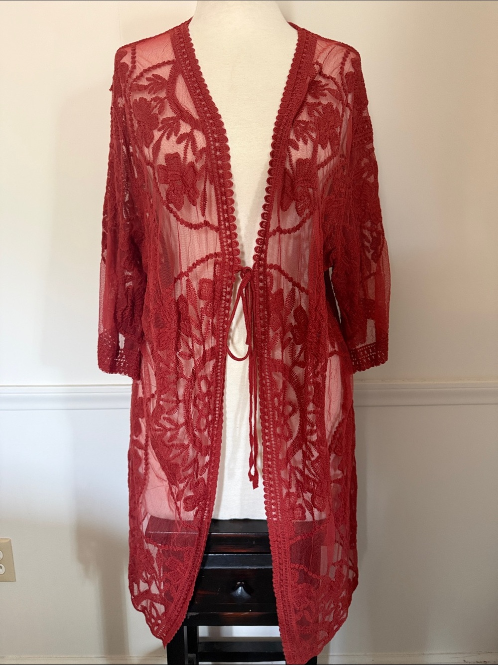 Sheer Floral Lace Open Front Kimono